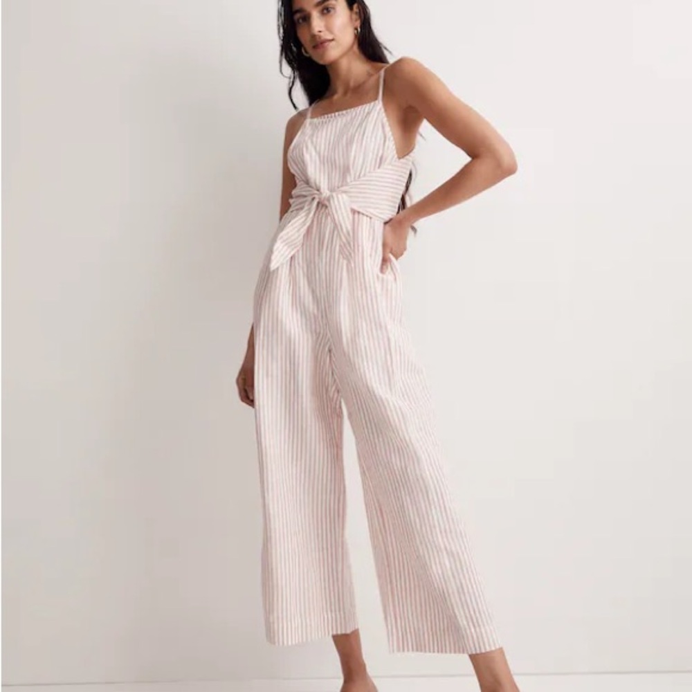 Madewell Tie-Waist Crop Wide-Leg Jumpsuit in Stripe Salvaged Barn